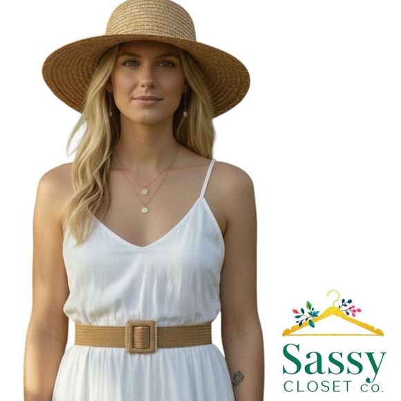 Accessories - Tan Woven Belt Beaded Square Buckle Adjustable 40.5” NWOT